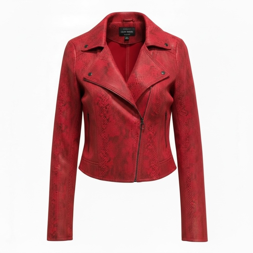 #88‎ Haute Monde Moto Jacket Women Large Red Snakeskin Print ptp: 21" Zip